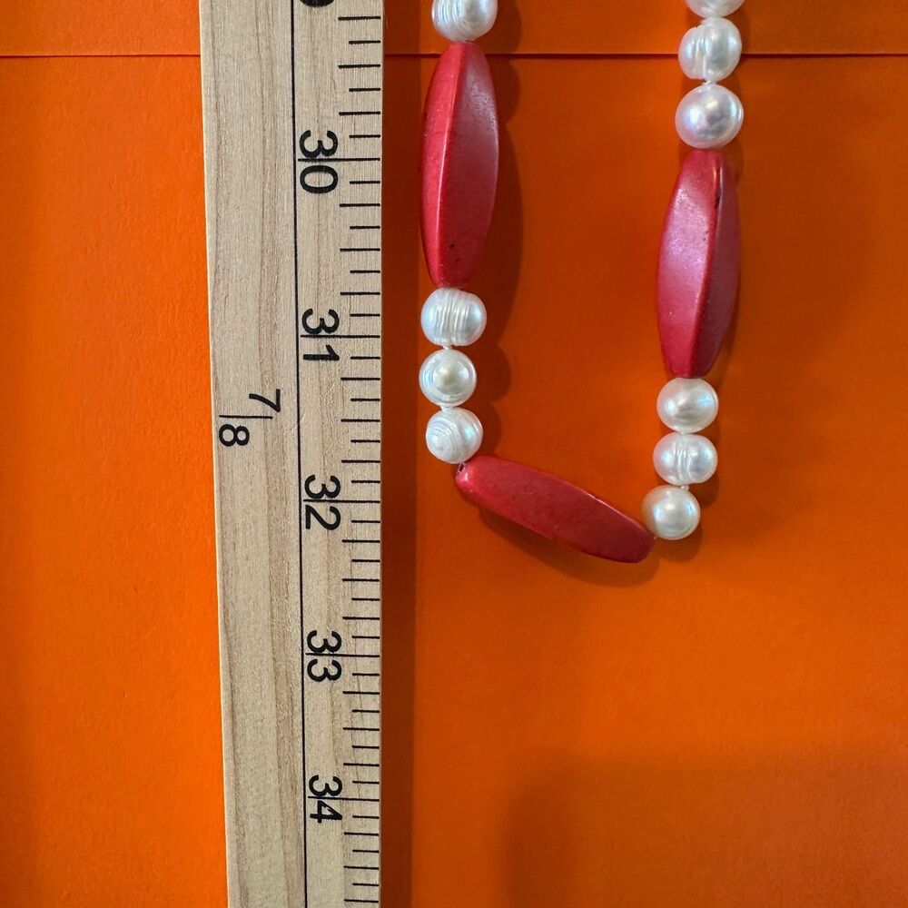 Vintage Red Stone Genuine Pearl Necklace Flapper 64" Knotted Statement Heavy - Picture 5 of 15